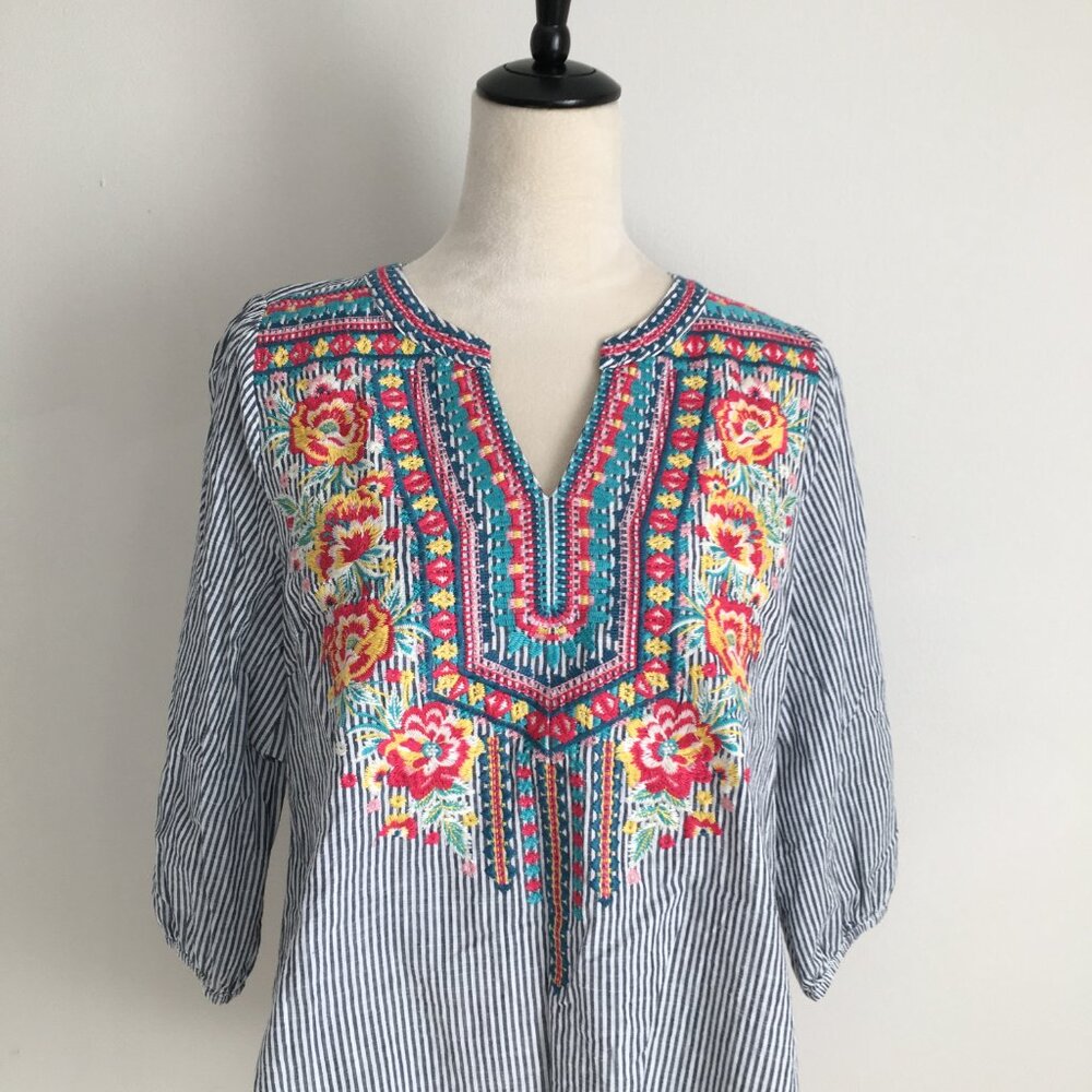 SAVANNAH JANE Striped Multicolor Floral Embroidery 3/4 Sleeve Shirt - Picture 5 of 10